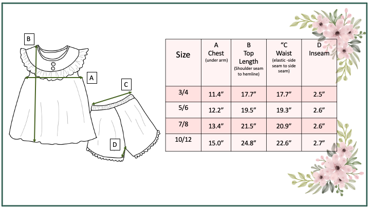 Illustrated size chart showing chest, top length, waist, and inseam for Kids Dark Jean Flower Ruffle Short Set in sizes 3/4–10/12.