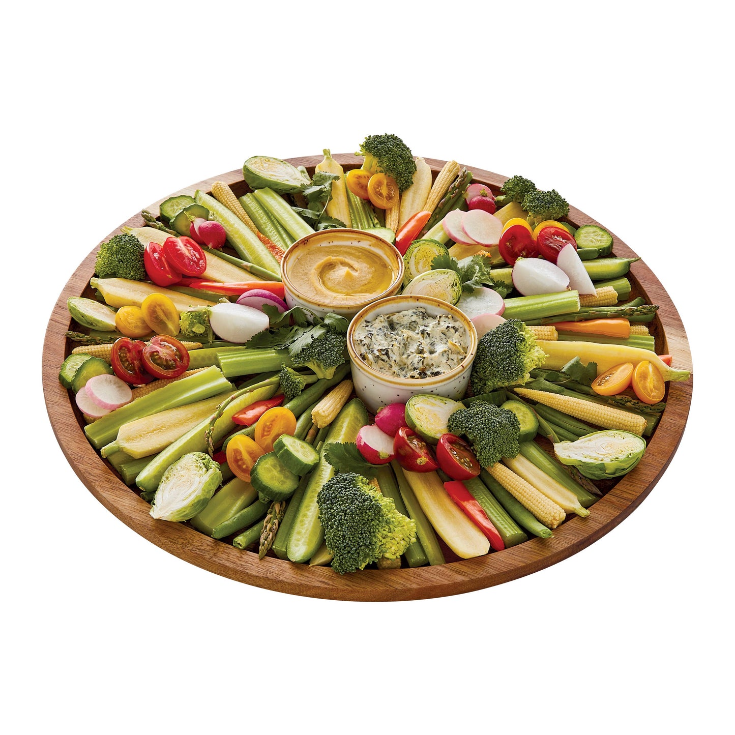 FW 14 ROUND MAKE AND TAKE- ACACIA 1 WHIT: round serving tray with two dip bowls. Available sizes: 14".