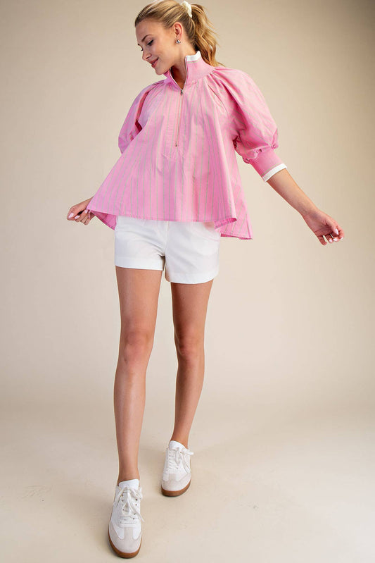 Pink Mock Neck Band Puff Sleeve Blouse: airy, long sleeves, zippered collar. Available in sizes XS–XL.