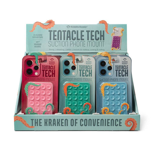 Three Modern Monkey Tentacle Tech Suction Phone Mounts in pink, green, blue; adhesive holders; sizes: small, medium, large.