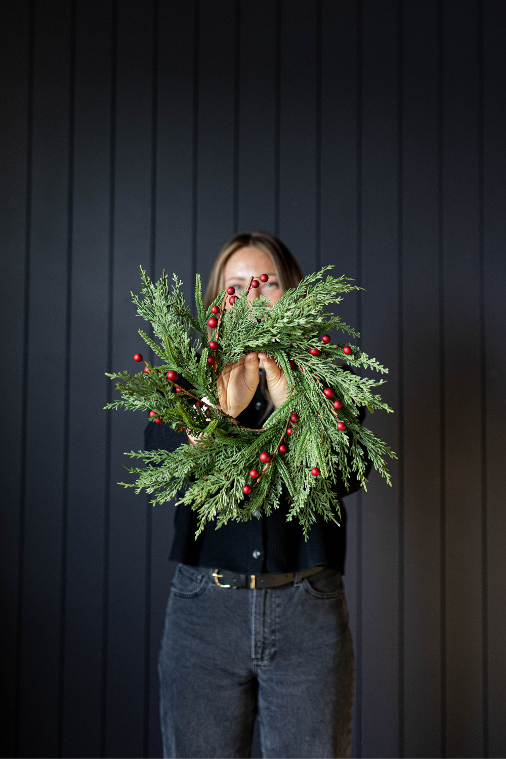 Red Plum Berry Norfolk Cypress Real Touch Wreath - 14"