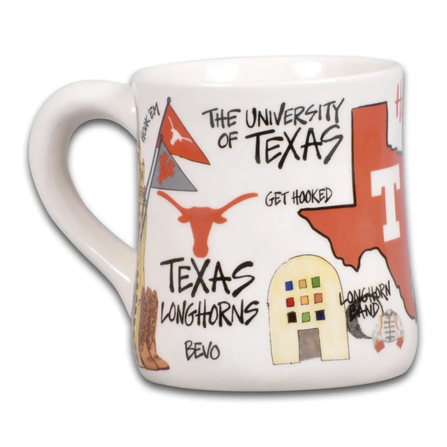 White UT Icon Mug by Magnolia Lane with Texas-themed illustrations; available in 12oz and 16oz sizes.