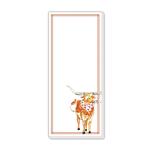 Rectangular Skinny Notepad with thin red border, longhorn cow in red bandana at bottom right. Sizes: 3.5"x8.5". Made in USA.