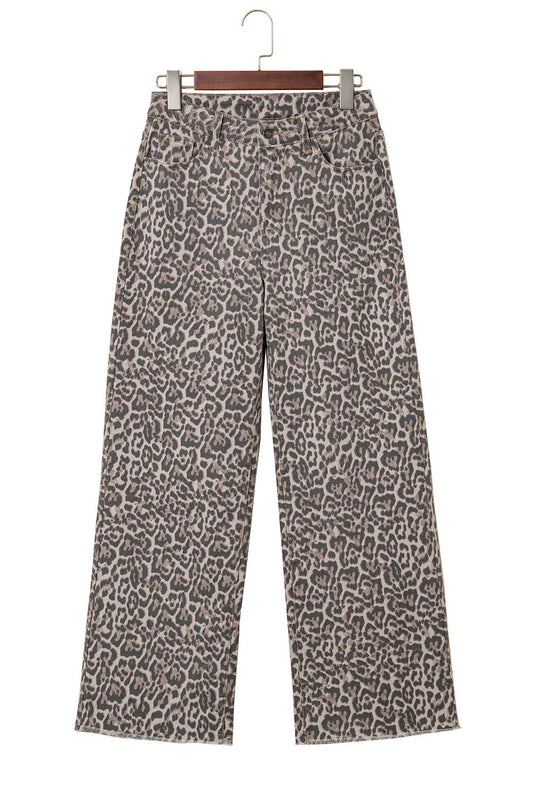 Missy Leopard HW Frayed Edge Wide Jeans in grey/black leopard print, wide-leg fit. Available in sizes 0-14.