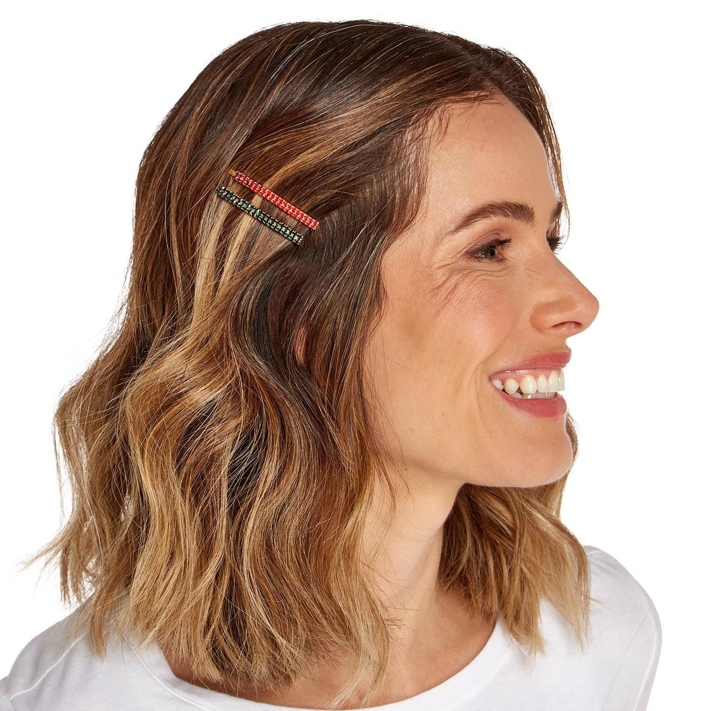 Three rhinestone hair pins clipped to the side; available in small, medium, and large sizes.