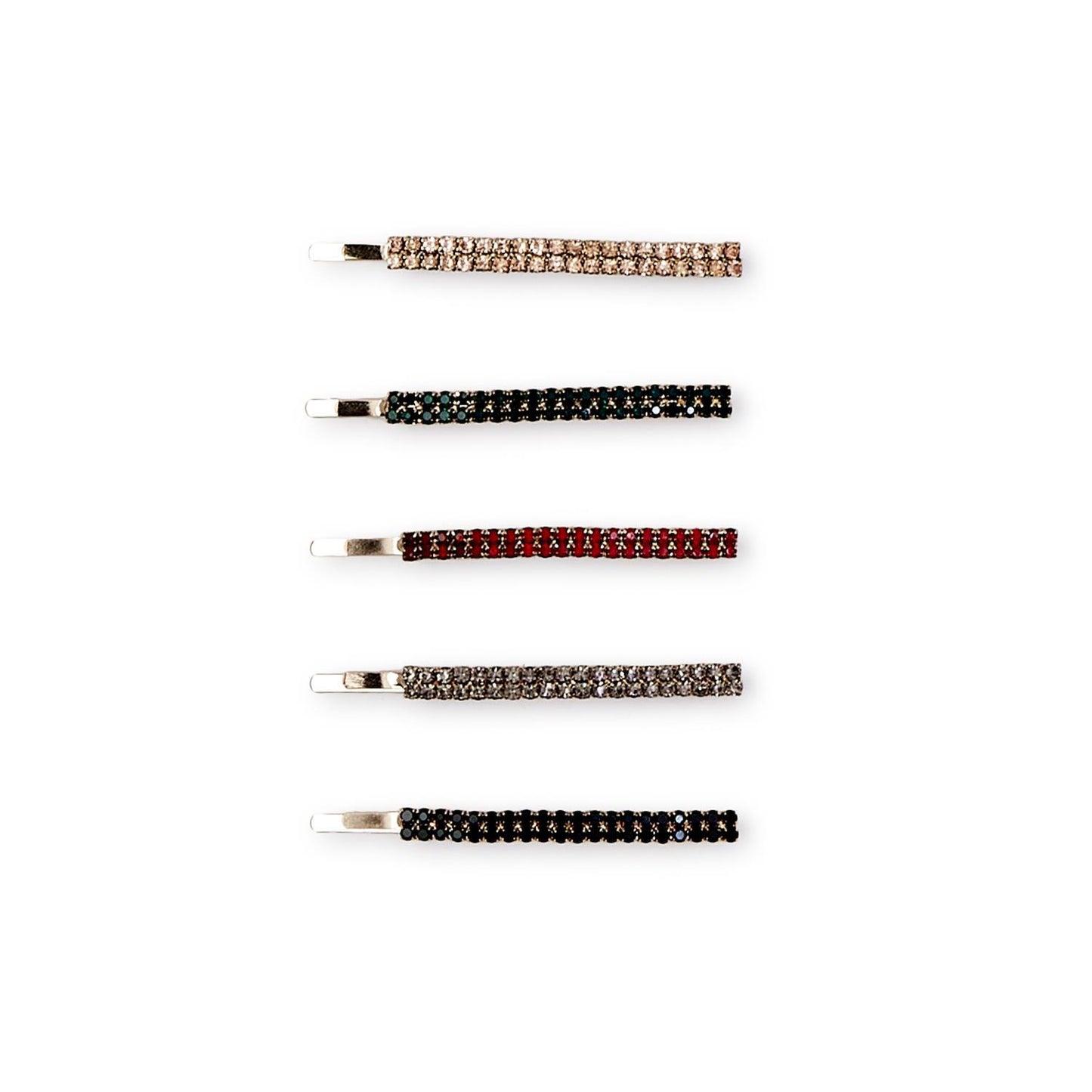 Set of five rhinestone hair pins in clear, black, red, silver, and dark gray. Available in small and medium sizes.