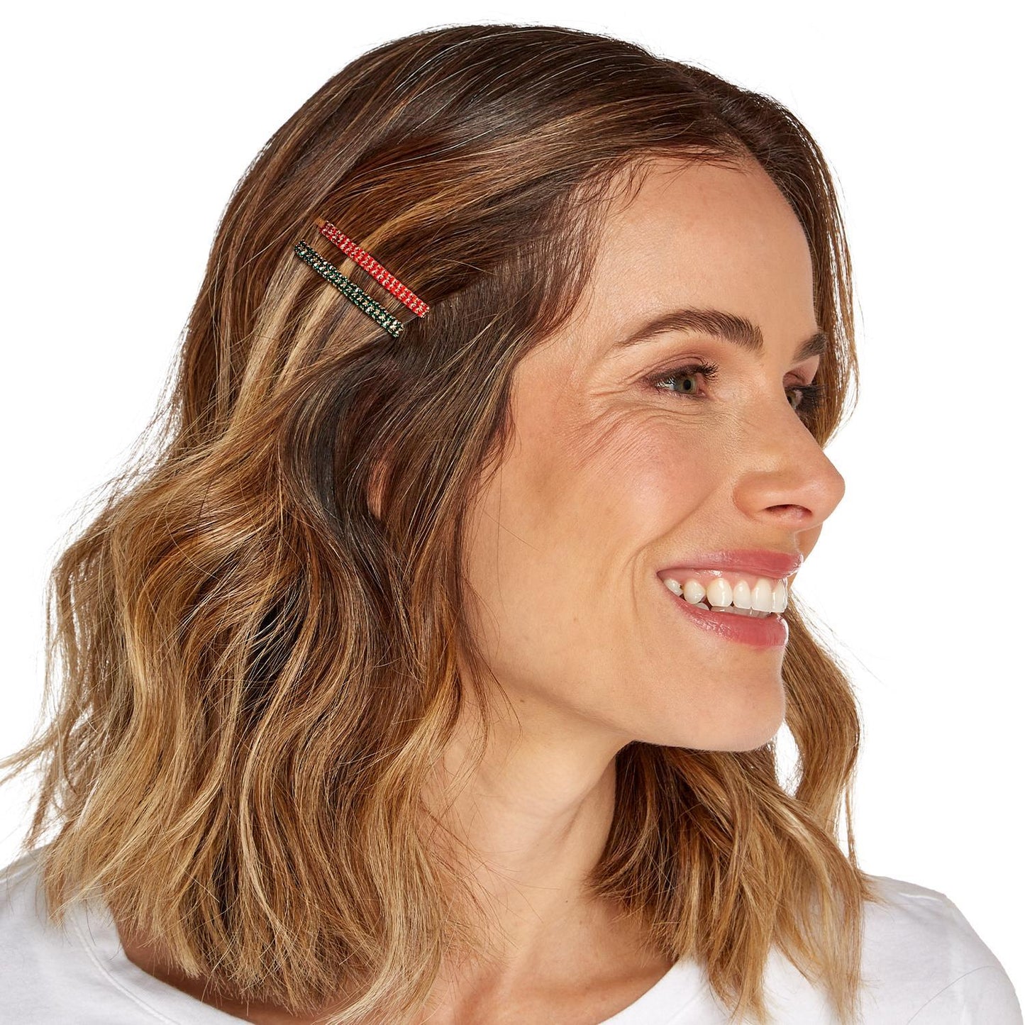 Rhinestone Hair Pin shown on hair. Available sizes: small, medium, large.