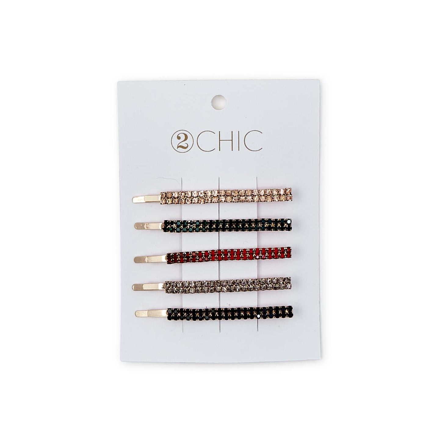 Five rhinestone hair pins in pink, gold, red, green, and black on a white card. Sizes available: small, medium.