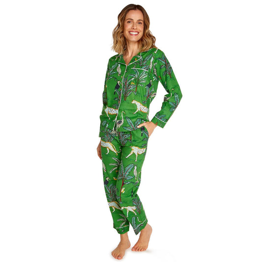 Cotton Printed Pajamas, green with cheetah and leaf patterns, available in sizes S-XL. Perfect for comfortable loungewear.