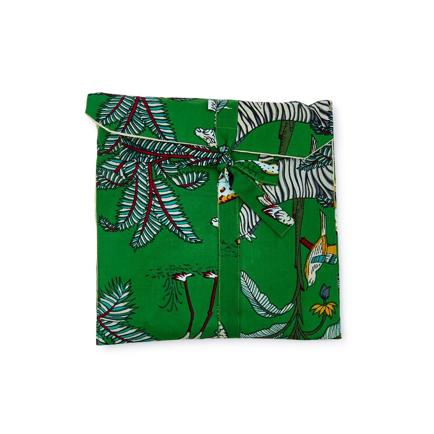 Green cotton pajamas with tropical zebra, bird, and leaf print, tied with ribbon. Available in sizes S-XL.