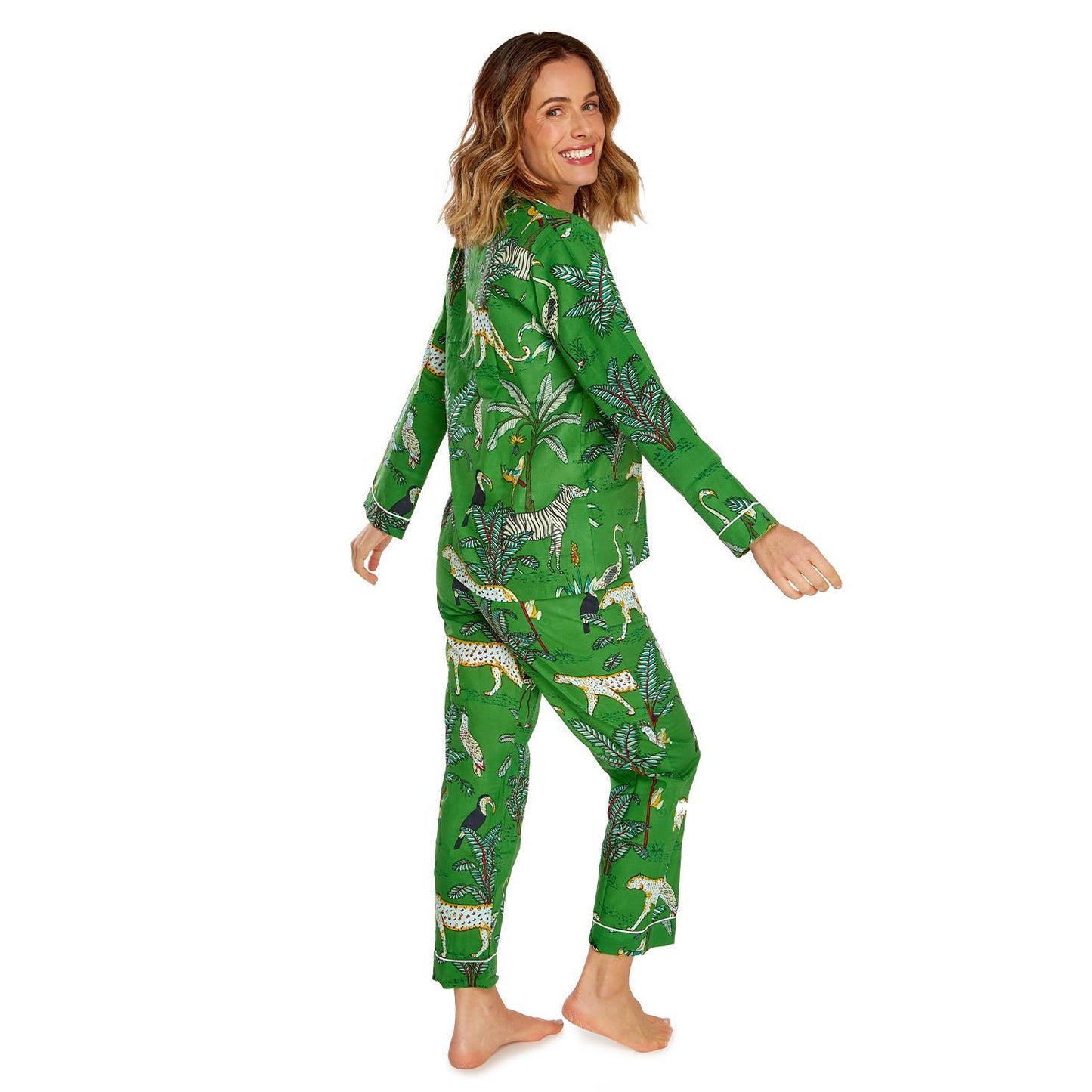Cotton Printed Pajamas, green with animal and plant motifs. Available in sizes XS–XL.