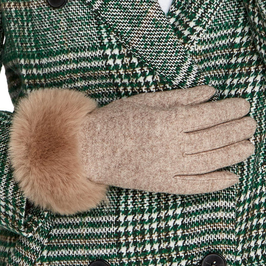 Green and white houndstooth overcoat with black buttons, available in sizes S, M, L, XL.
Opening Night Cashmere Feel Glove with plush faux fur cuff and touchscreen fingertips. One size.