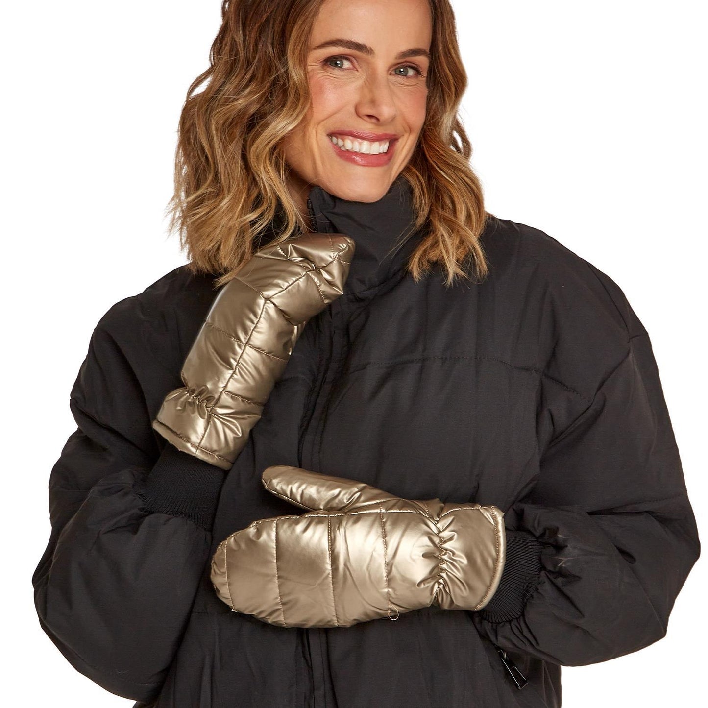 Puffer Mittens in black, shown held up and worn. Available sizes: S, M, L.