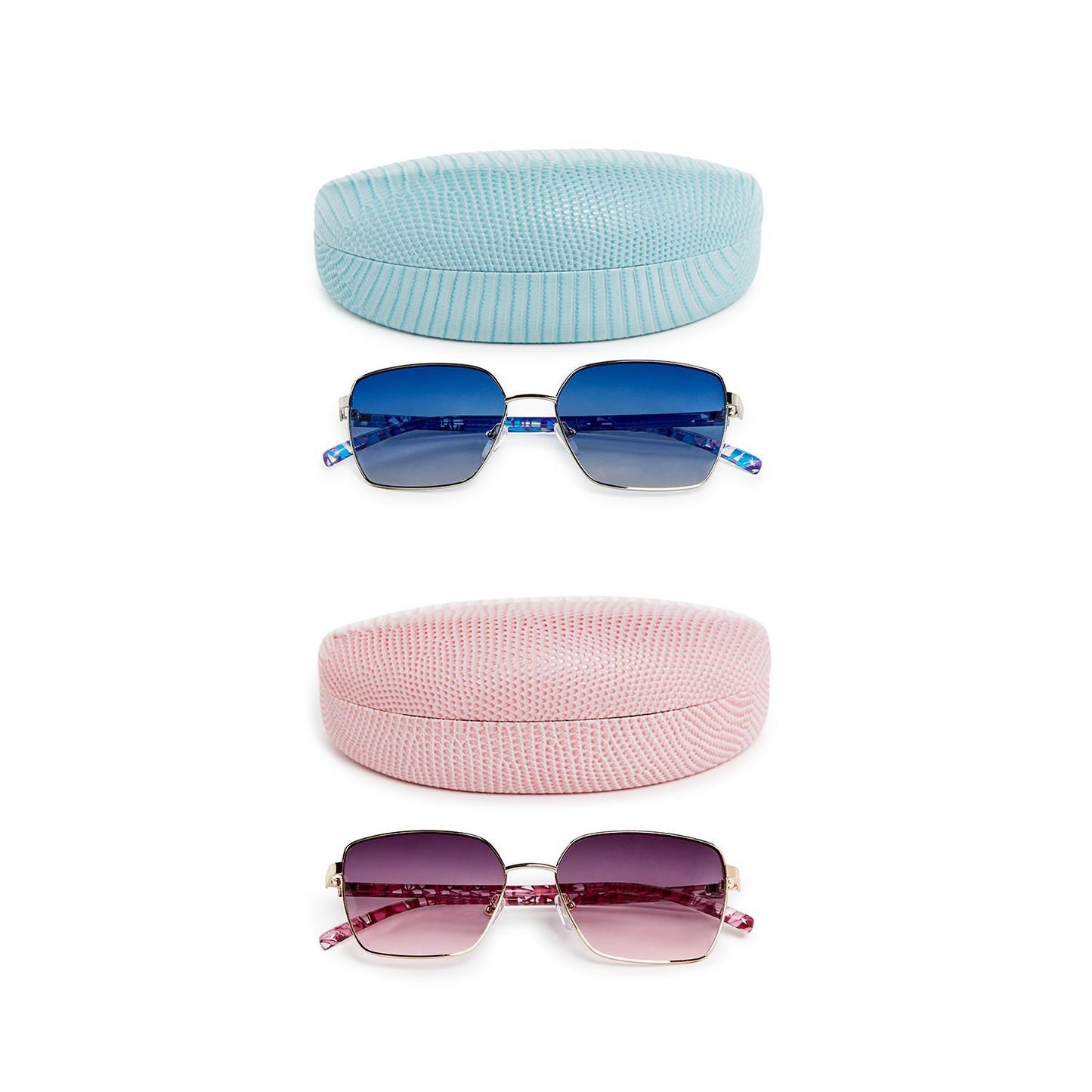 Two pairs of New View Metal Frame Sunglasses with geometric design arms and coordinating lizard print hard cases. UV protection. Sizes: One size.
- Top pair: Rectangular blue lenses, blue and silver frames, light blue textured case.
- Bottom pair: Rectangular gradient pink lenses, pink and gold frames, pink textured case.
