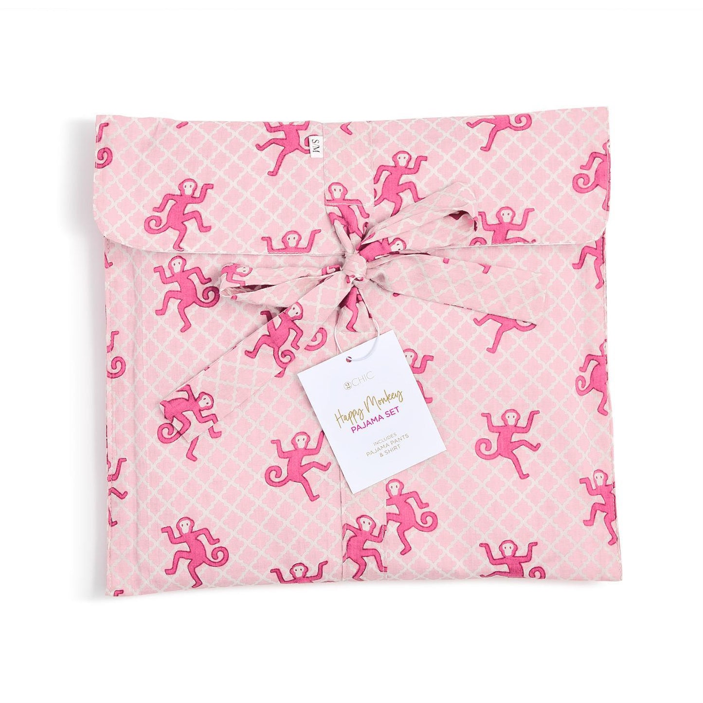 Pink monkey-print fabric gift bag, center knot, "Happy Monkey Cotton Printed Pajamas" tag; sizes: S, M, L, XL.