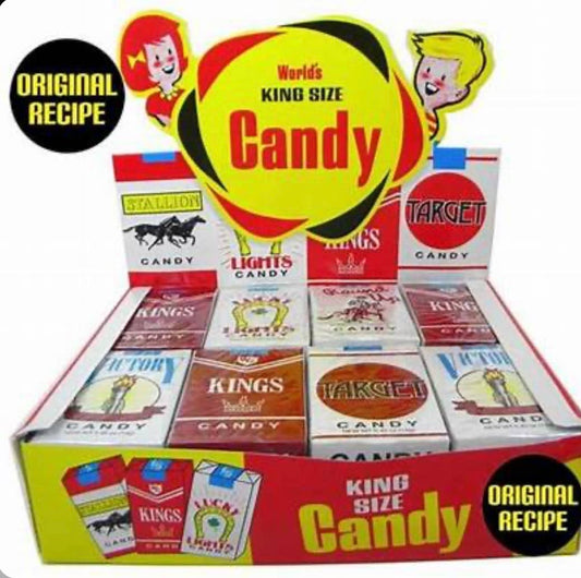 Colorful box of Old Fashioned Candy Cigarettes. Retro candy sticks available in small, medium, and large sizes.