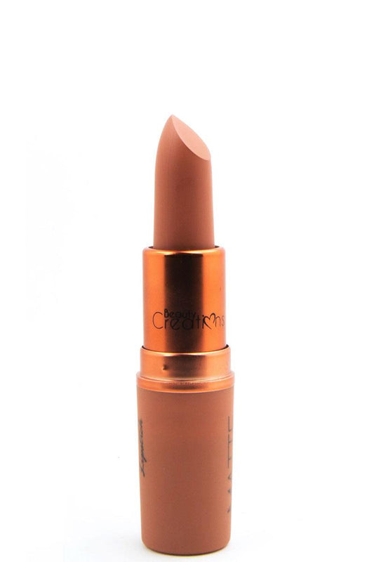 Essential Matte Lipstick in a long-lasting warm brown hue. Encased in a metallic bronze holder with glossy cap. Sizes available: Standard.