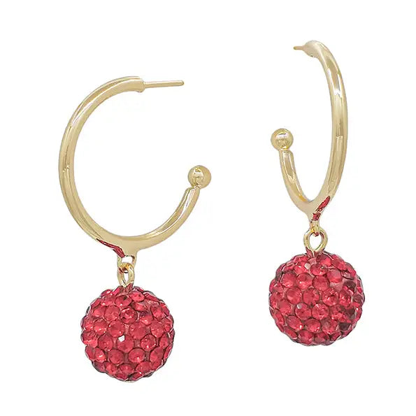 Christmas Gold Hoop Earrings with Rhinestone Ball