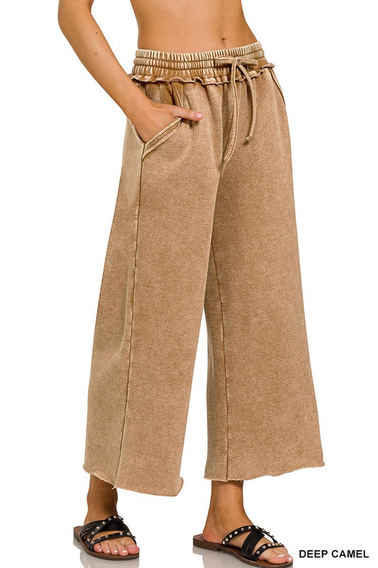 Deep Camel Fleece Palazzo Sweatpants with pockets, come in sizes small to X-Large. They also come in washed out black.