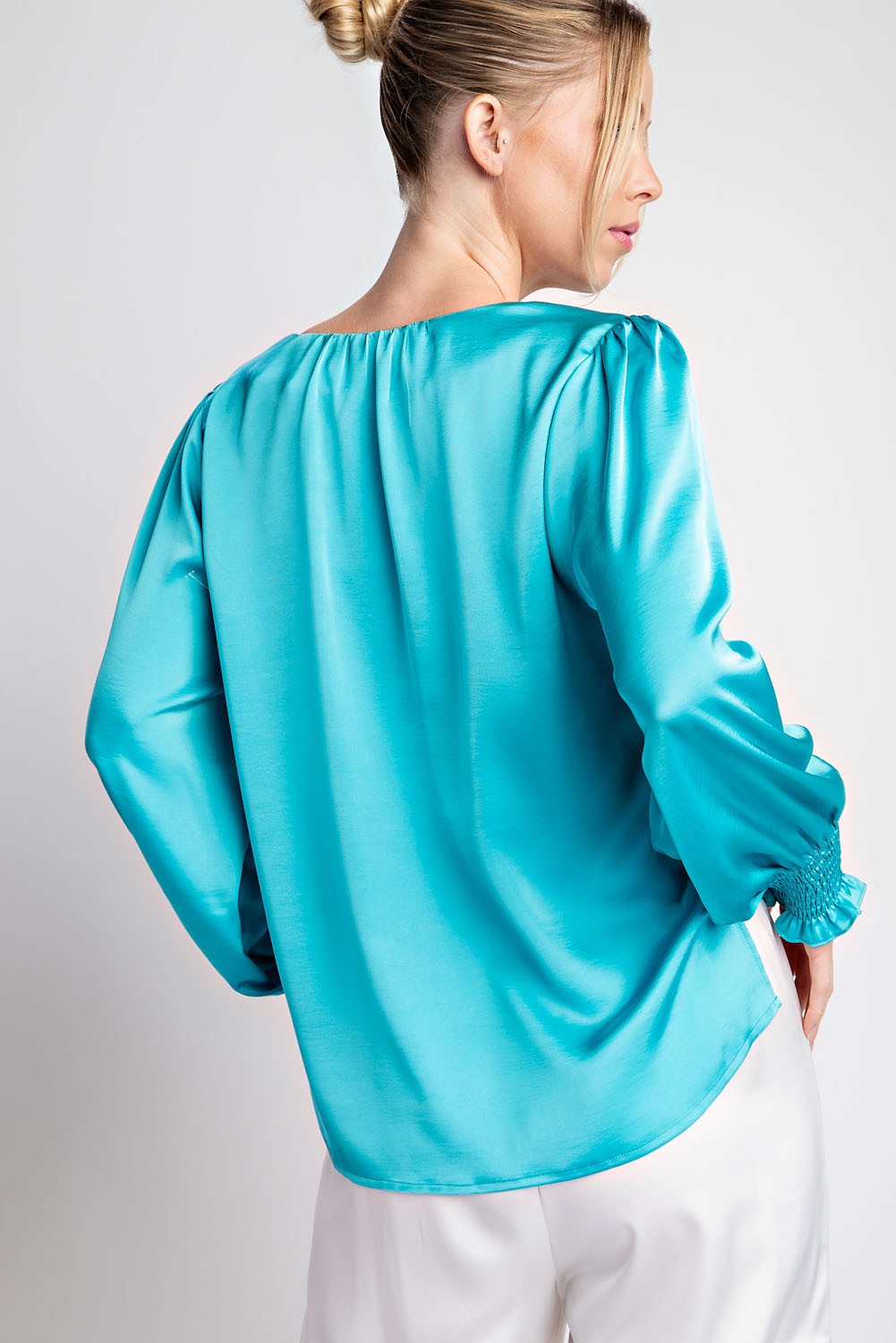 Aqua Satin V-Neck Bubble Sleeve Blouse, S-XL; features voluminous sleeves and a silky finish.