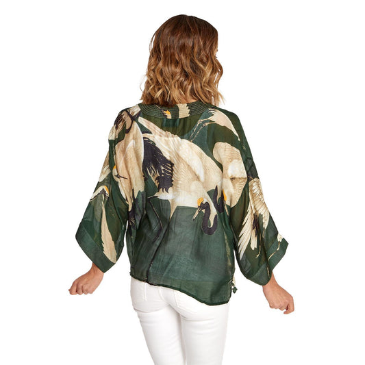 Heron Print Forest Green Short Kimono: Crafted from sustainable materials, featuring serene heron patterns. Available sizes: S, M, L.