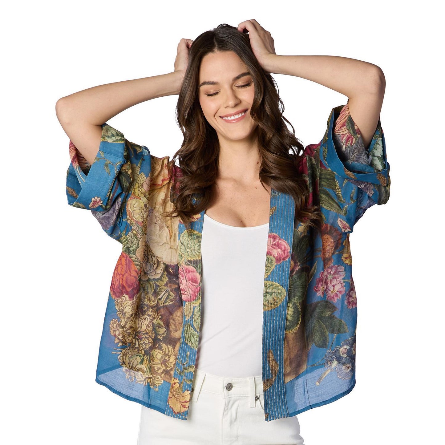 Primula Teal Short Kimono