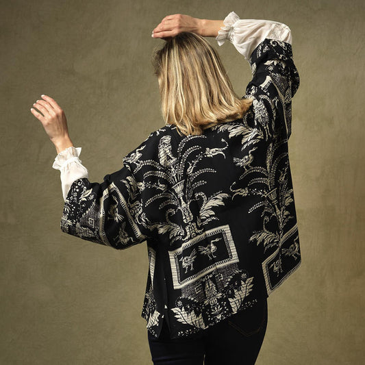 The Vintage Damask Black Short Kimono features intricate designs. Available sizes: S, M, L, XL.