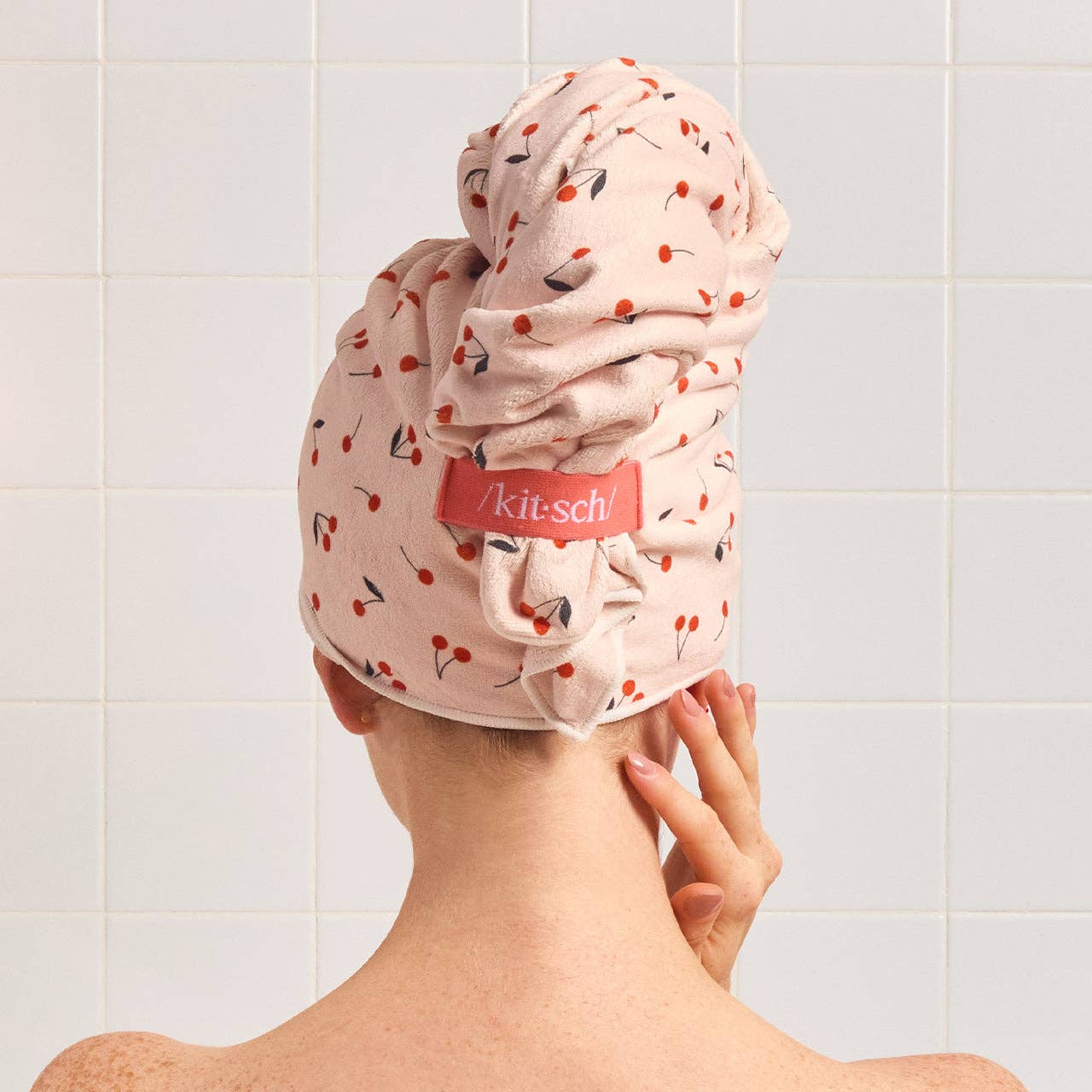 XL Hair Towel Wrap in Cherry Print with visible label, fast-drying and frizz-reducing. Available in XL size.