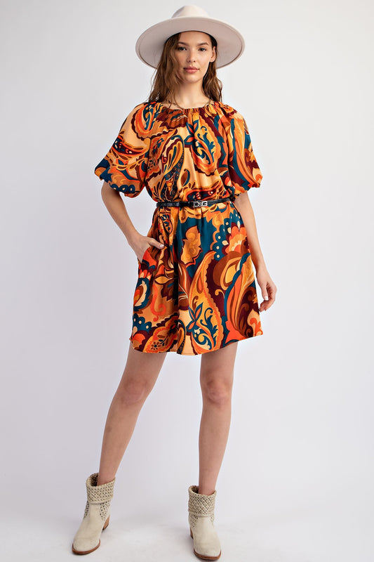 Sophia Printed Tie Back Dress: Features vibrant swirls and paisley print, belted waist. Sizes available: S, M, L.