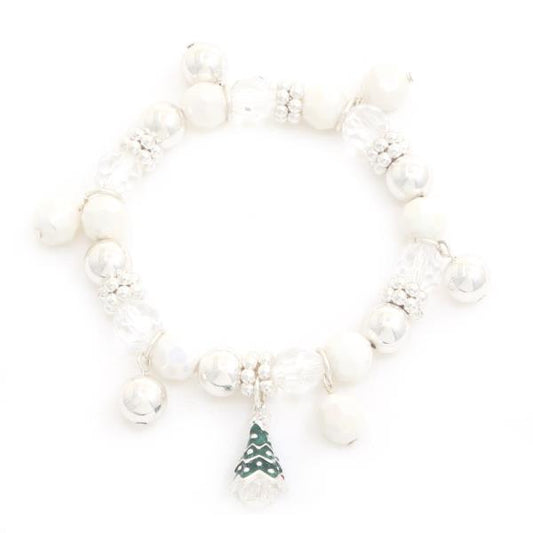 Christmas Beaded Charm Bracelets feature white and clear beads with a green and white Christmas tree charm. Sizes available: One size fits most.