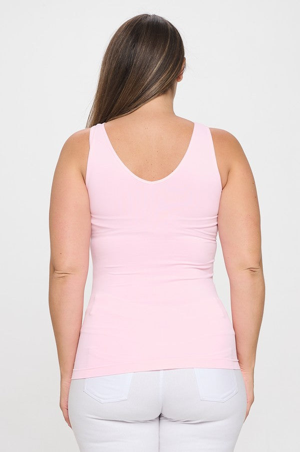 Light pink Reversible V or U Neckline Seamless Tank, buttery soft. Available in sizes XS-XL.