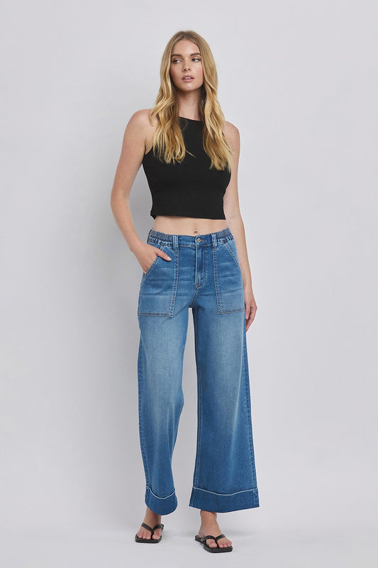Kris High Rise Super Soft Baggy Wide Jeans: Comfortable and stylish high-rise jeans with a wide-leg fit. Available sizes: 24-32.