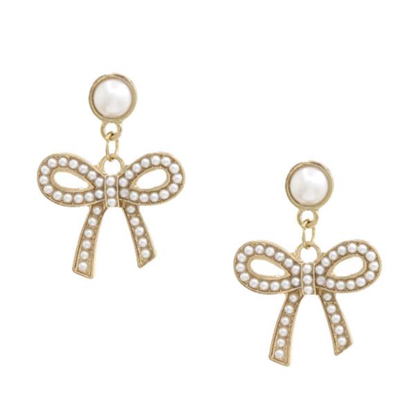 The Rhinestone & Metal Bow Earrings feature pearl-like studs and dangling gold-tone bows adorned with small pearls. Sizes available: One Size.