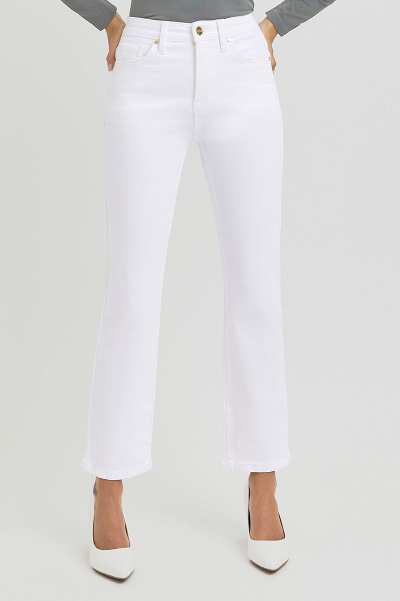 Risen Tummy Control Elastic Waistband HR White Crop Straight Pants