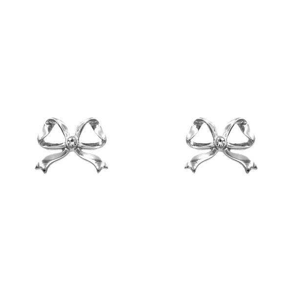 Rhinestone & Metal Bow Earrings feature a metallic bow with a central gem. Sizes available: One Size.