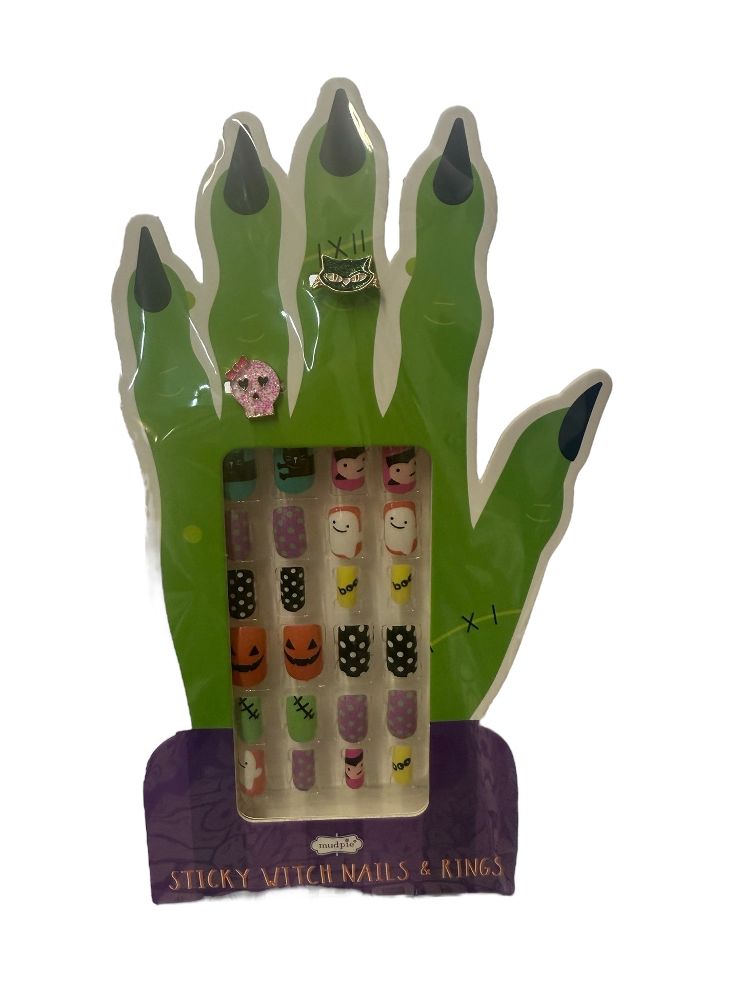 Halloween Nail Set: green witch-hand press-ons with black nails, two rings; sizes S, M, L available.