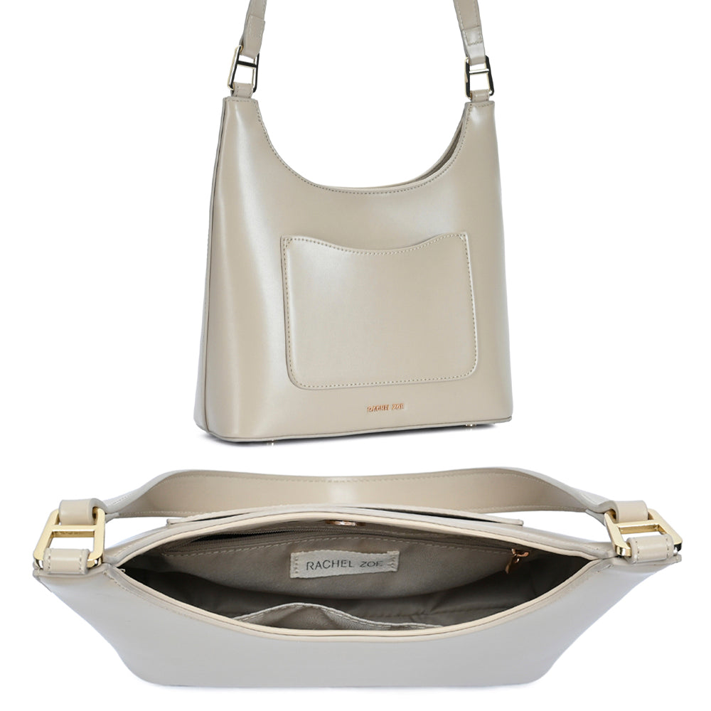 The Smooth Shoulder Bag in beige features a minimalist design with a shoulder strap and front pocket. It has an open top zipper, internal label, and phone pocket. Available sizes: Small, Medium.