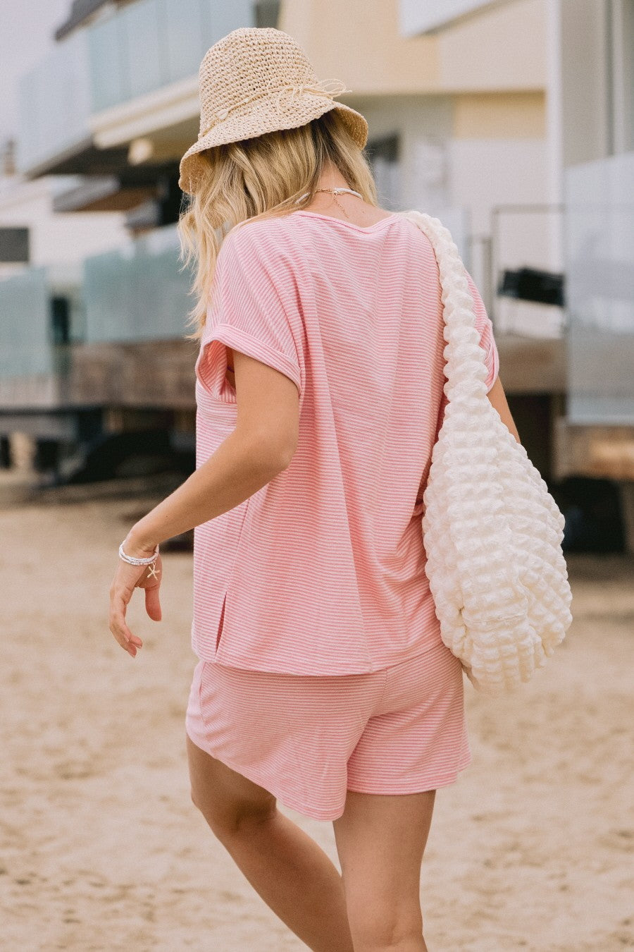 Striped French Terry Short Set featuring a relaxed fit, short sleeves, and elastic waistband shorts. Available in sizes XS–XL.