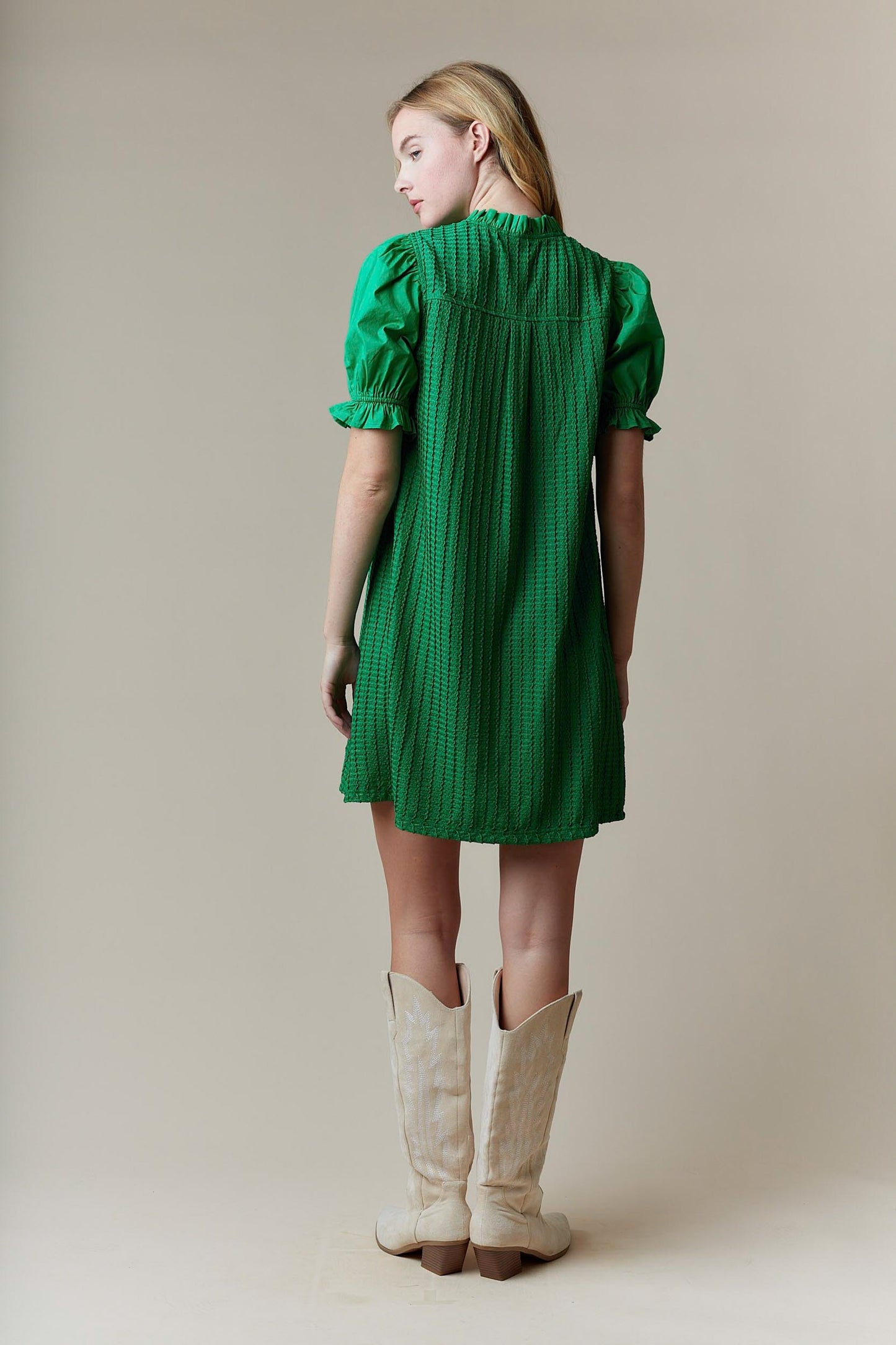 Short-sleeved Greenly Dress shown from the back. Available in sizes XS-XL.