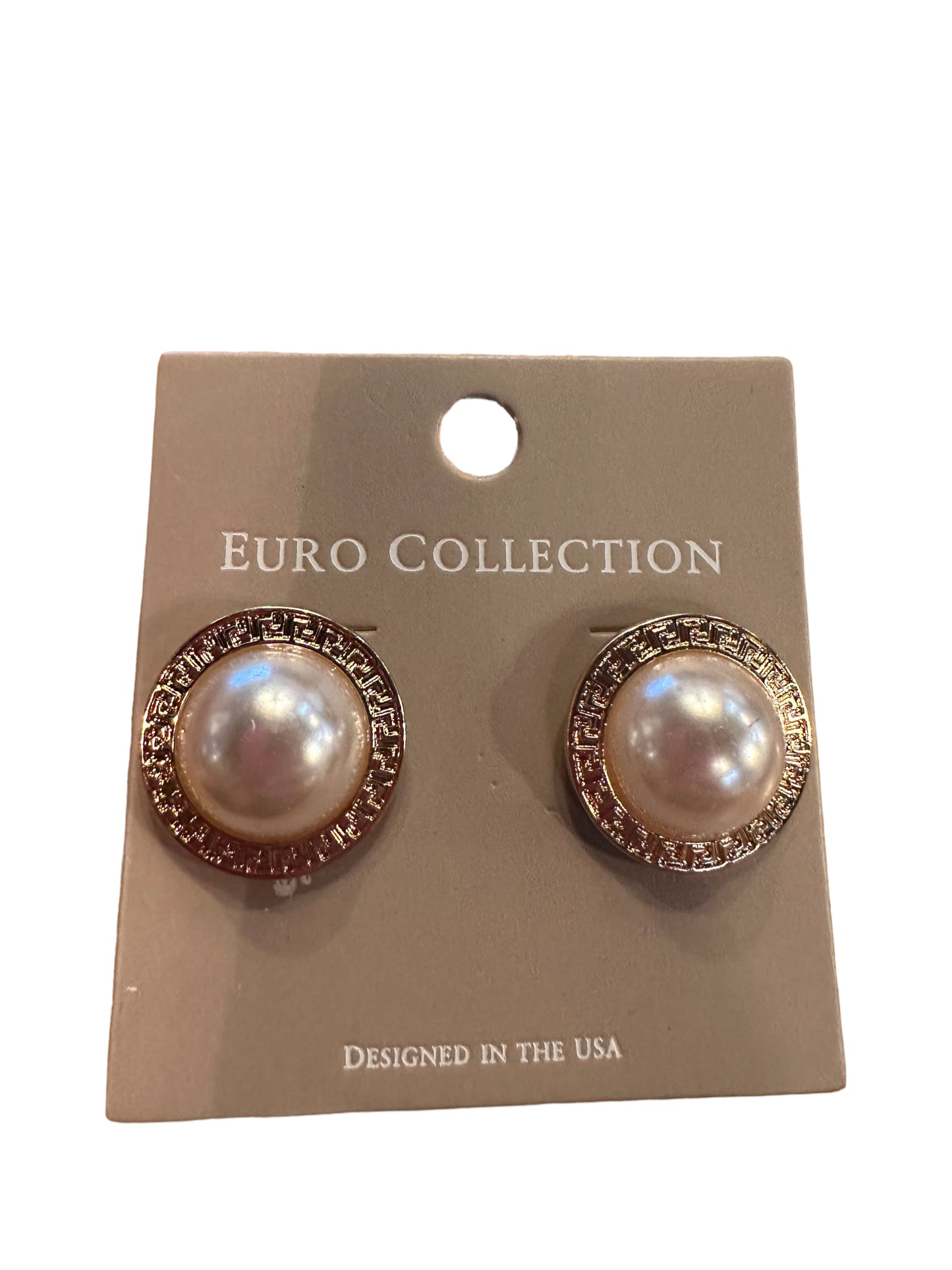 Round gold-toned pearl earrings with faux pearl centers and clear stone borders. Sizes available: small, medium, large.