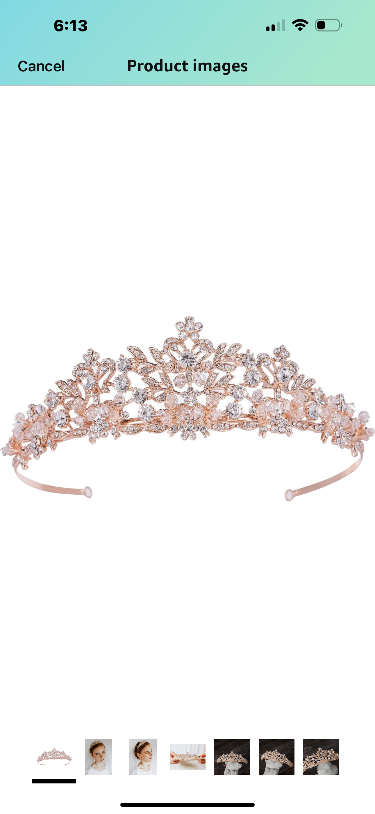 Rose Gold Tiara with sparkling crystals in floral and leaf design; available in small, medium, and large sizes.