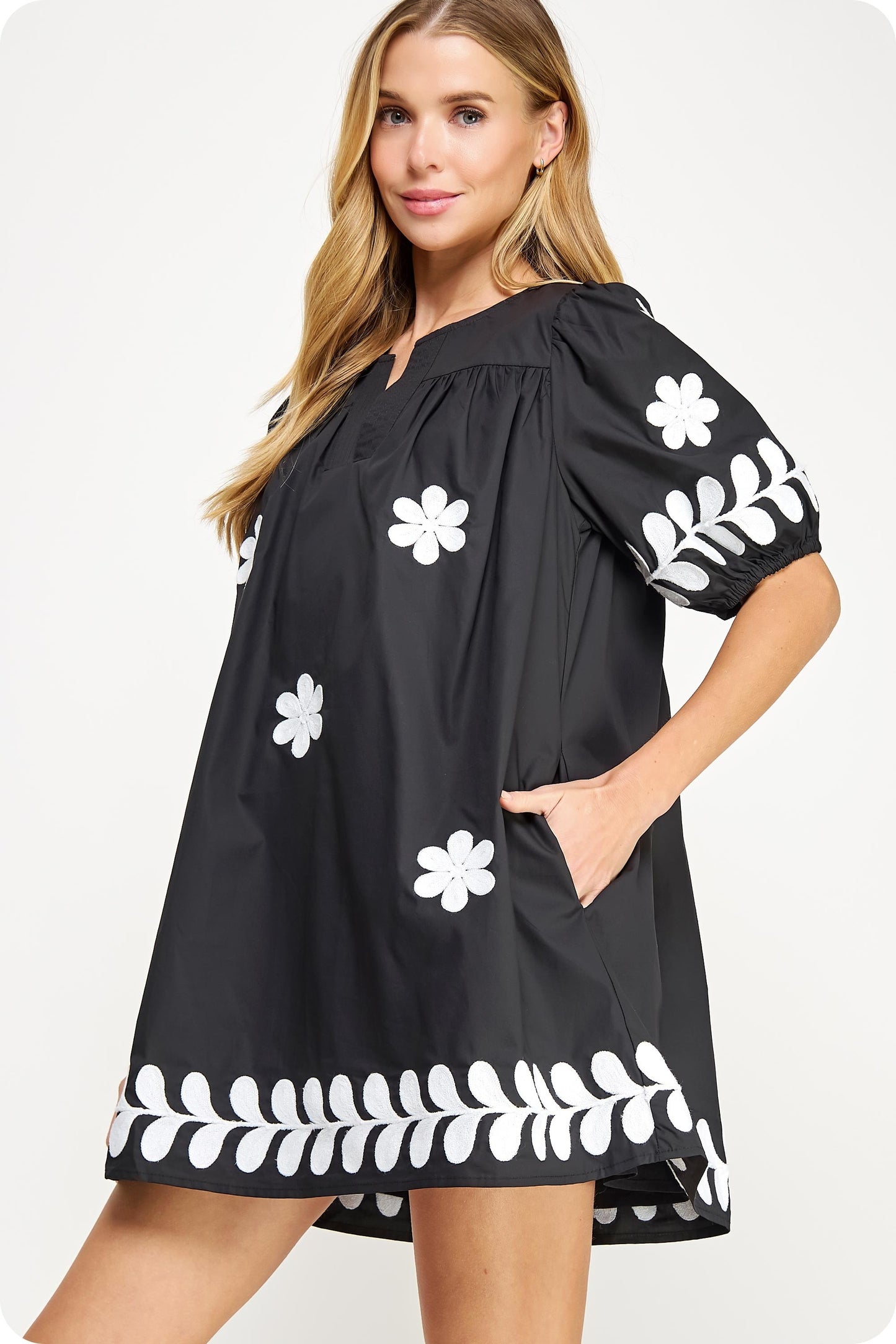 Ebony Blossom Embroidery Cotton Dress: loose black with white floral embroidery on sleeves, hem, and front. Sizes XS–XL.