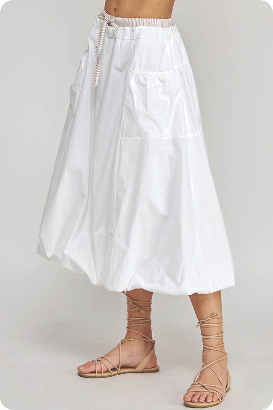 Stripe Contrast Midi Bubble Skirt in white cotton poplin, elastic waistband, tie detail; available in sizes XS-XL.