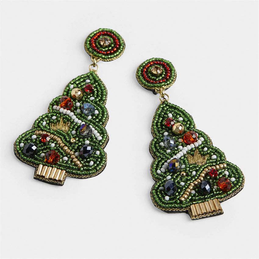 Green Christmas Tree Beaded Earrings