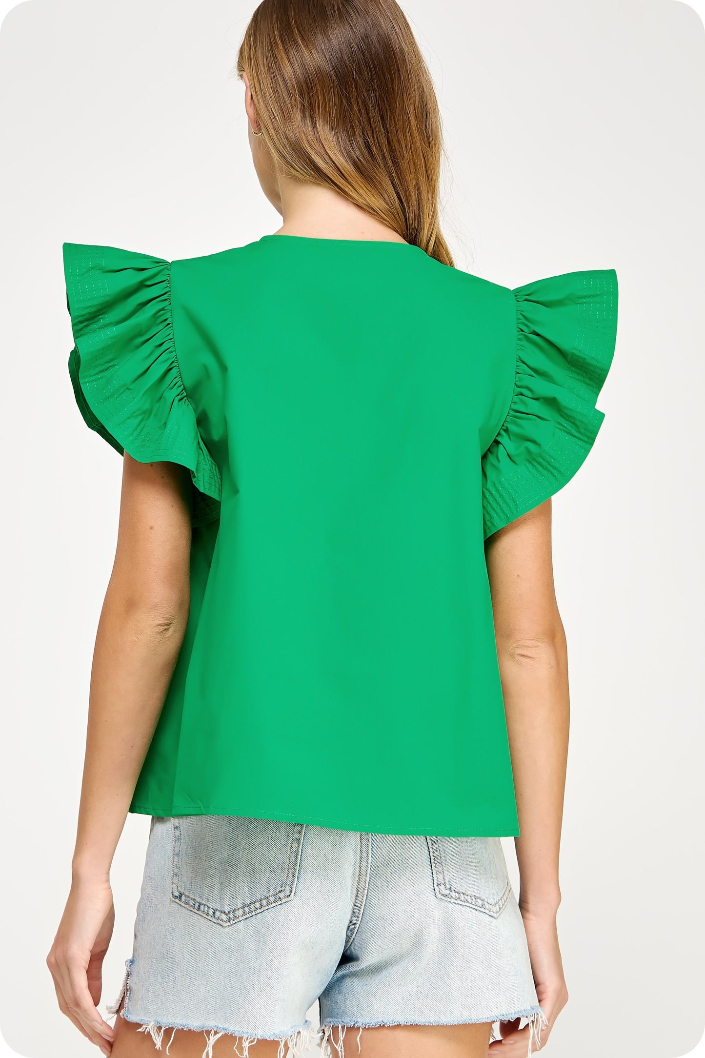 Bright green Flutter Sleeve Tunic Style Top, available in sizes XS-XL.