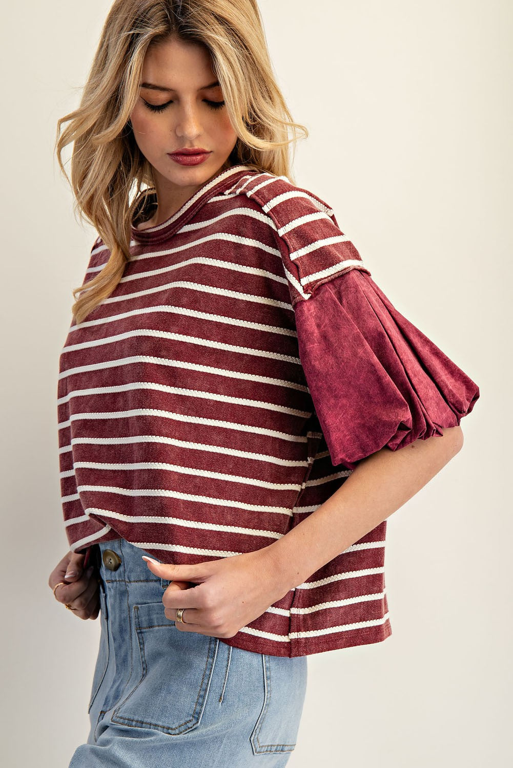 Wine Textured Stripe Puff Sleeve Top