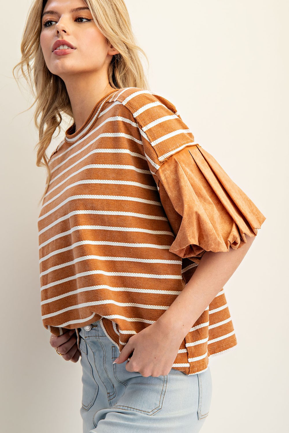 Cinnamon Striped Puff Sleeve Top with brown and white textured stripes. Available in sizes XS-XL.