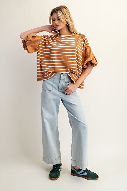 Cinnamon Striped Puff Sleeve Top with bold stripes and puffed sleeves. Available in sizes XS–XL.