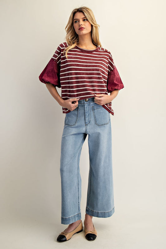 Wine Textured Stripe Puff Sleeve Top