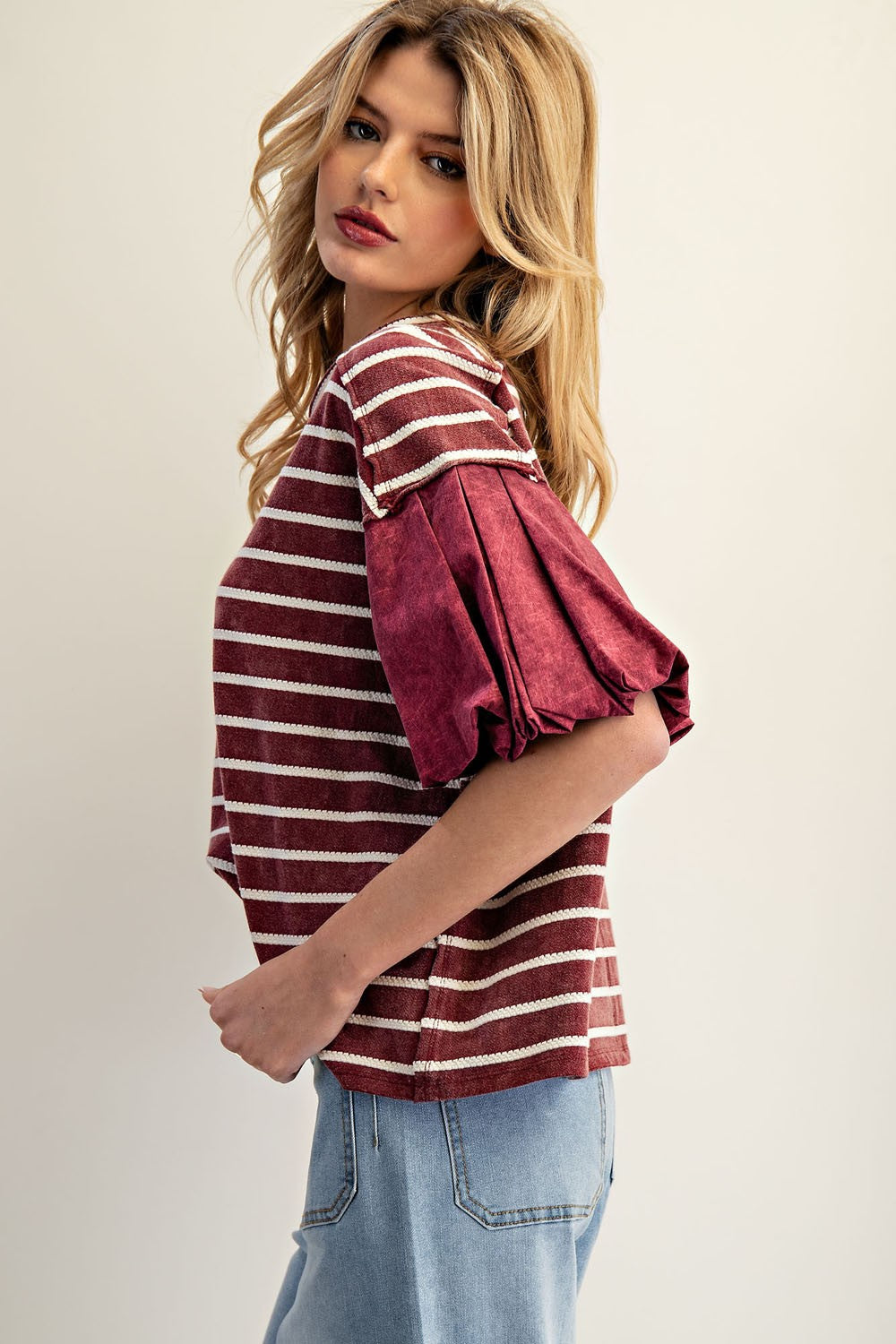 Wine Textured Stripe Puff Sleeve Top